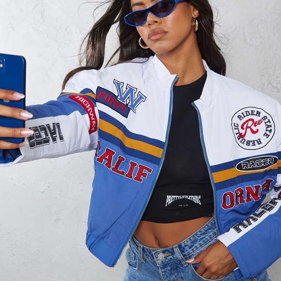 PrettyLittleThing Jackets & Blazers - PrettyLittleThing Blue Oversized Slogan Zipped Racer Bomber Jacket